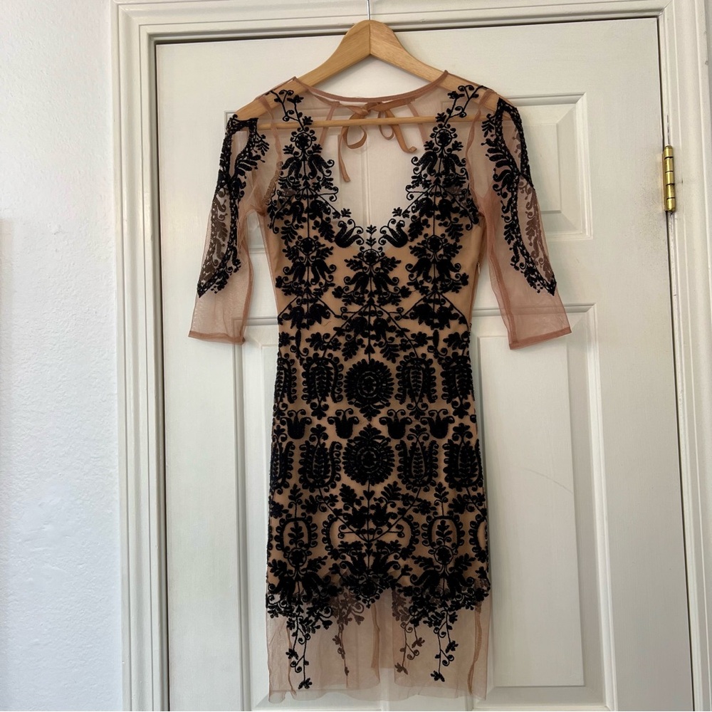 For Love and Lemons Lace Mesh Overlay Dress in Black